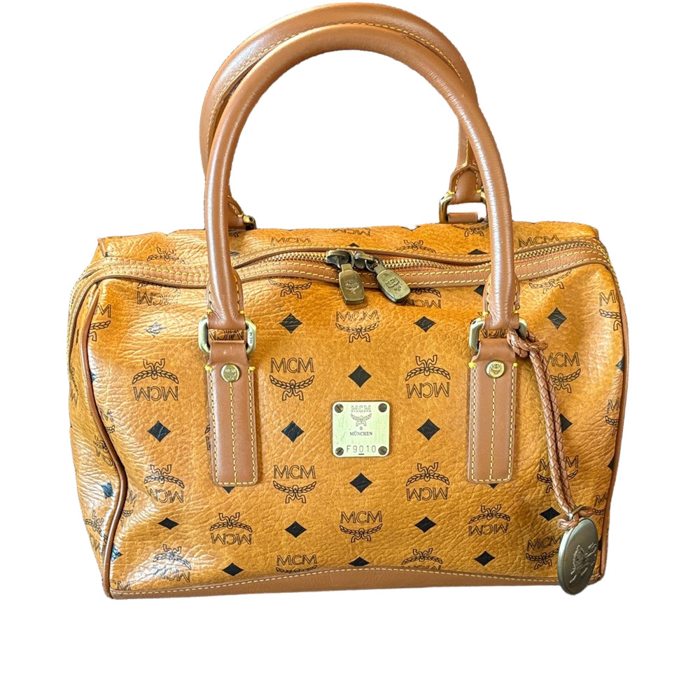 MCM Visetos Cognac Boston Bag with Princess Lion Charms